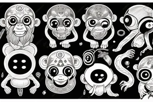 Outline monkey with big glossy eyes and mushroom spore third eye tattoo idea