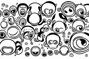 Outline monkey with big glossy eyes and mushroom spore third eye tattoo idea