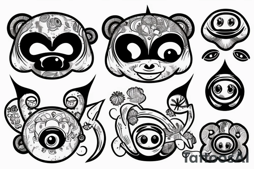 Outline monkey with big glossy eyes and mushroom spore third eye tattoo idea