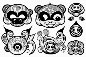 Outline monkey with big glossy eyes and mushroom spore third eye tattoo idea