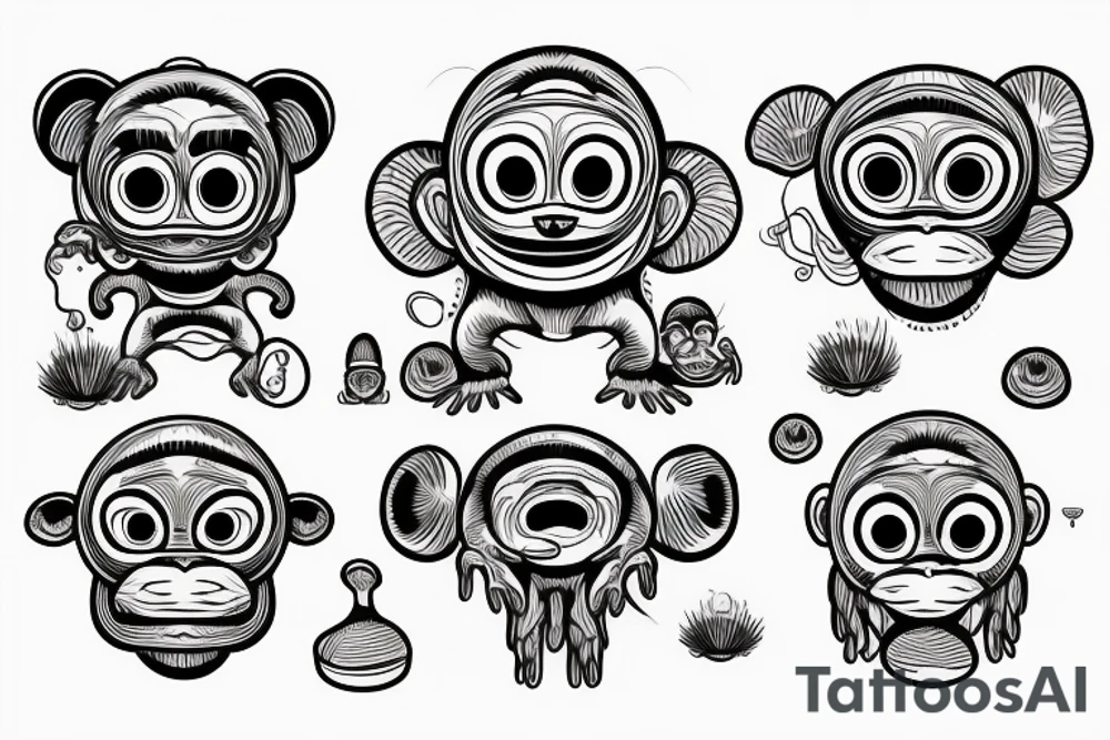 Outline monkey with big glossy eyes and mushroom spore third eye tattoo idea Outline monkey with big glossy eyes and mushroom spore third eye tattoo idea