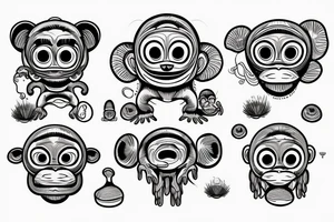 Outline monkey with big glossy eyes and mushroom spore third eye tattoo idea