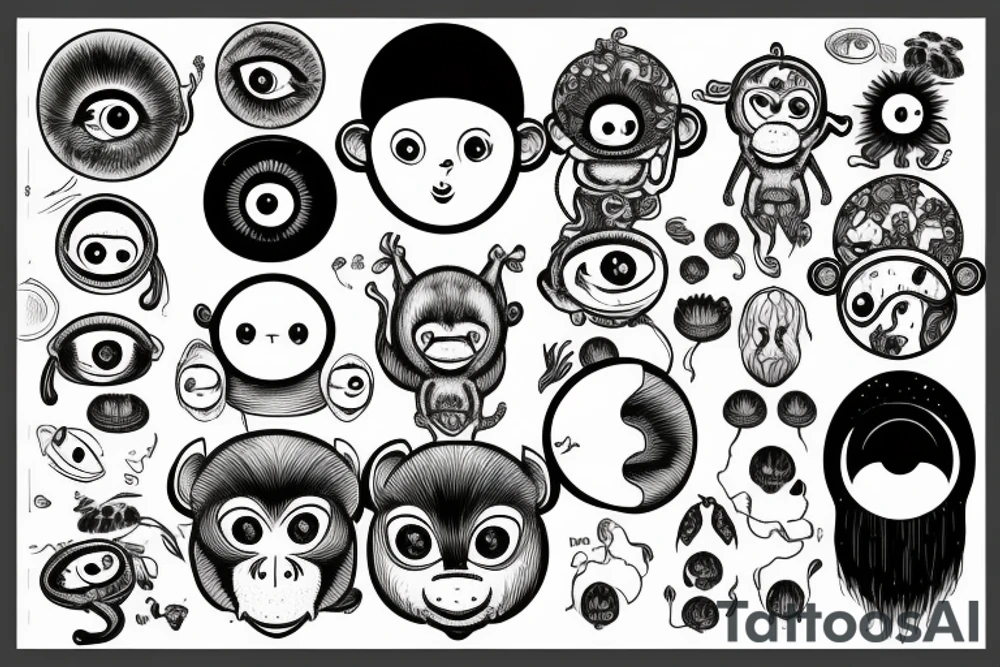 Outline monkey with big glossy eyes and mushroom spore third eye tattoo idea