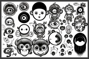 Outline monkey with big glossy eyes and mushroom spore third eye tattoo idea
