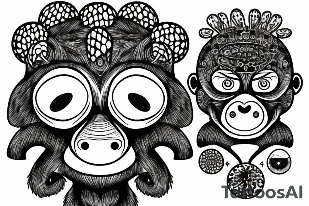 Outline monkey with big glossy eyes and mushroom spore third eye tattoo idea