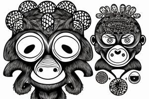 Outline monkey with big glossy eyes and mushroom spore third eye tattoo idea