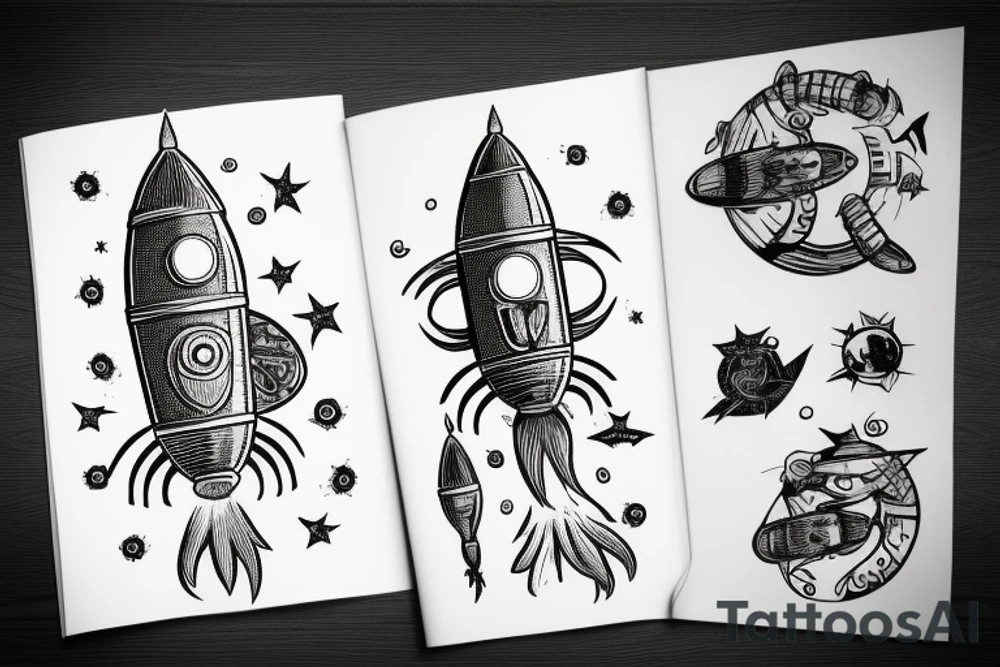 cat on rocket going to space tattoo idea