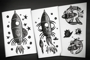 cat on rocket going to space tattoo idea
