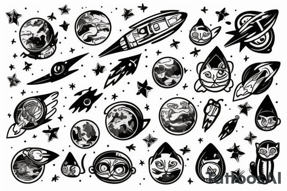 cat on rocket going to space tattoo idea