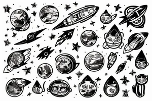 cat on rocket going to space tattoo idea