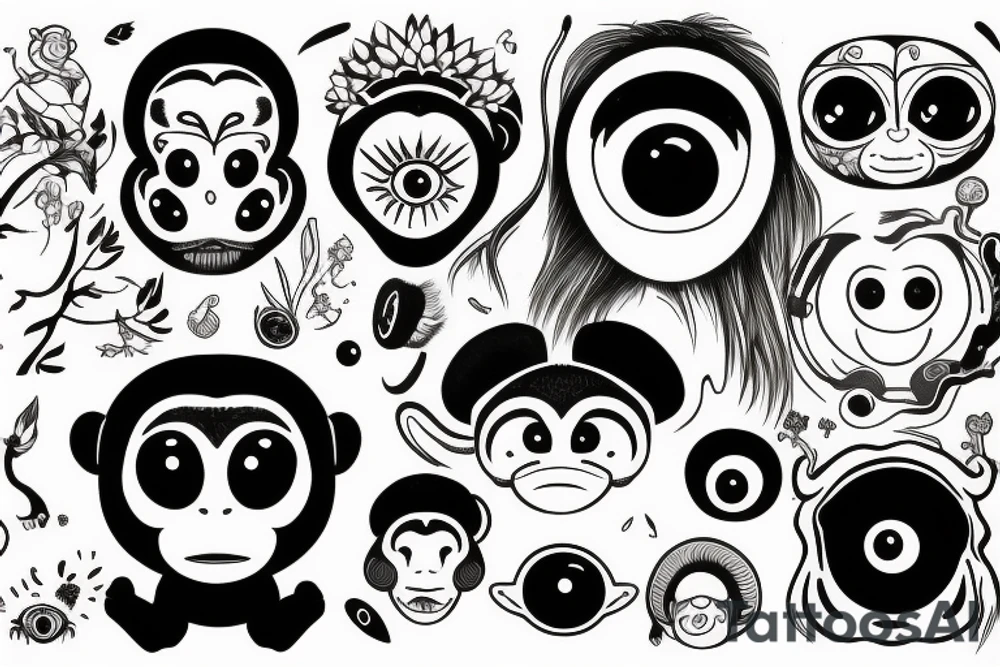 Outline monkey with big glossy eyes and mushroom spore third eye tattoo idea