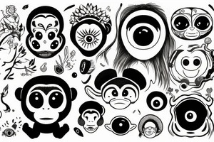 Outline monkey with big glossy eyes and mushroom spore third eye tattoo idea