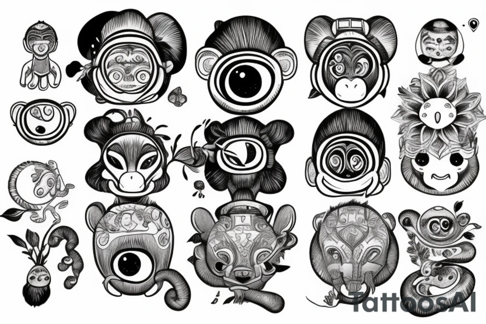 Outline monkey with big glossy eyes and mushroom spore third eye tattoo idea