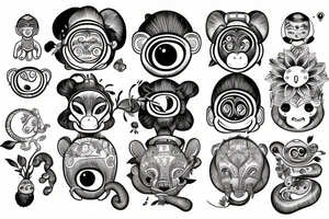 Outline monkey with big glossy eyes and mushroom spore third eye tattoo idea