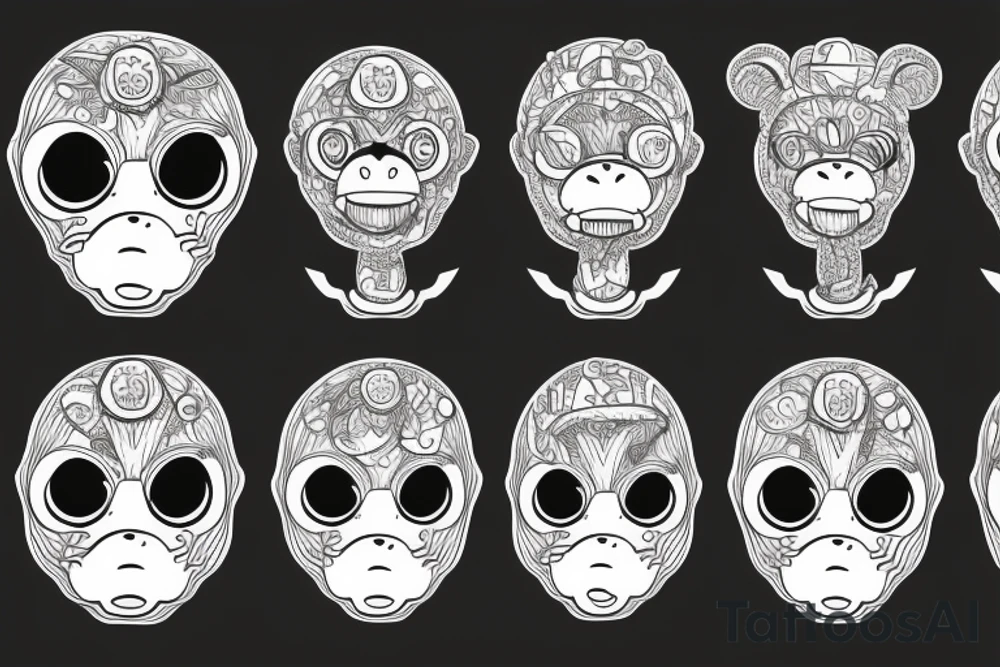 Outline monkey with big glossy eyes and mushroom spore third eye tattoo idea