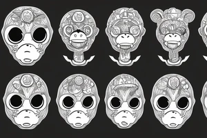 Outline monkey with big glossy eyes and mushroom spore third eye tattoo idea