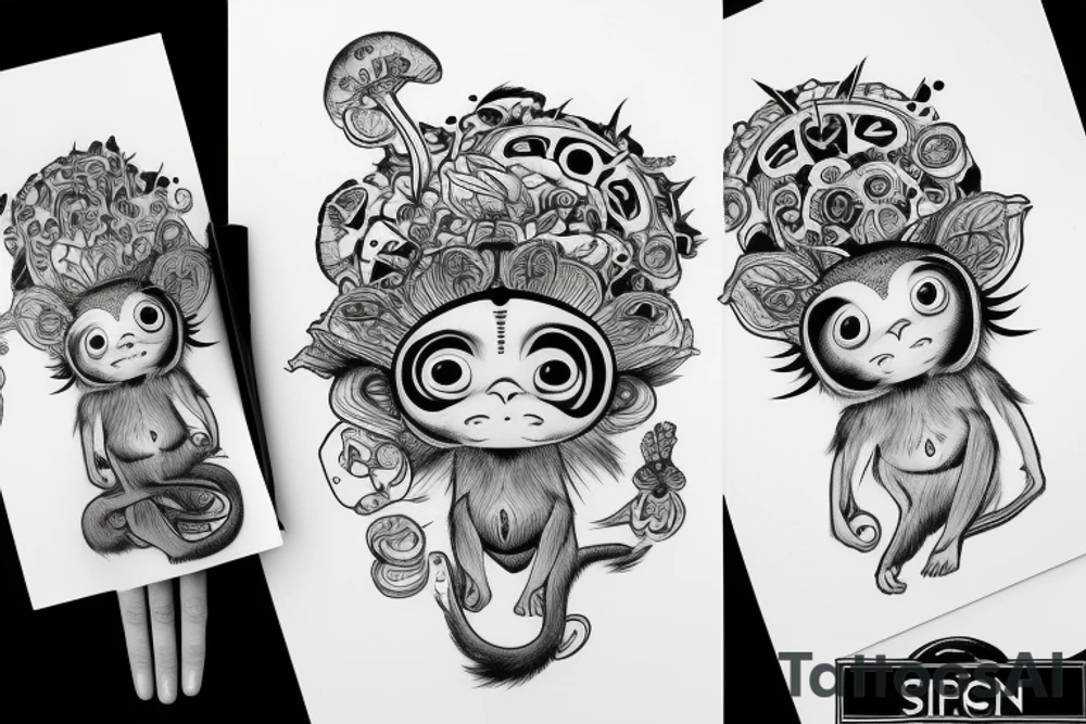Outline monkey with big glossy eyes and mushroom spore third eye tattoo idea