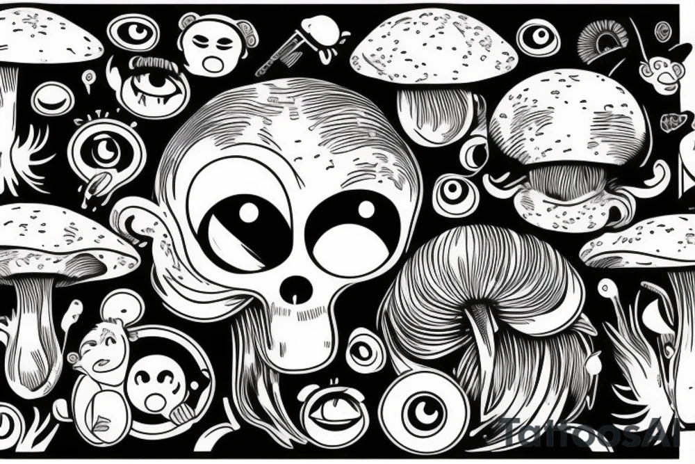 Outline monkey with big glossy eyes and mushroom spore third eye tattoo idea Outline monkey with big glossy eyes and mushroom spore third eye tattoo idea