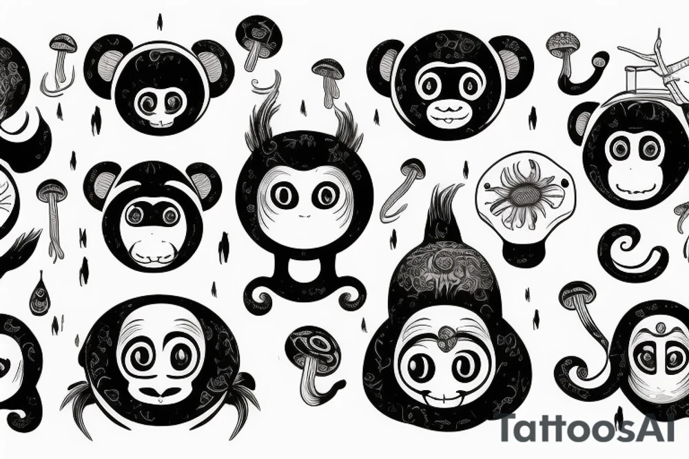 Outline monkey with big glossy eyes and mushroom spore third eye tattoo idea