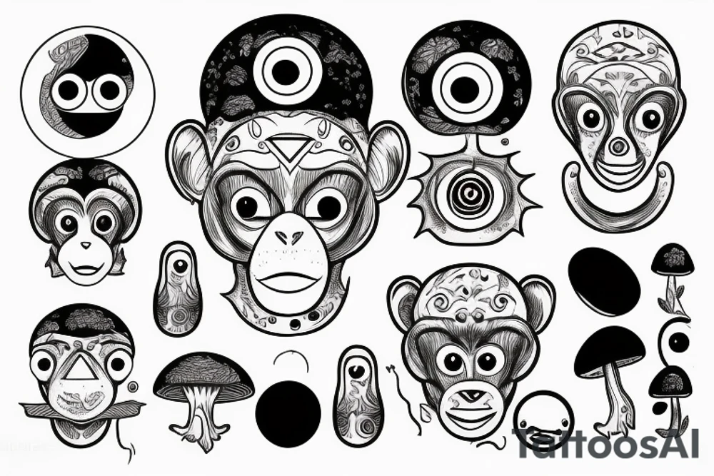 Outline monkey with big glossy eyes and mushroom spore third eye tattoo idea