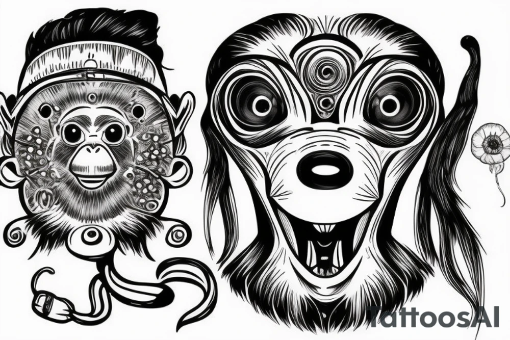 Outline monkey with big glossy eyes and mushroom spore third eye tattoo idea Outline monkey with big glossy eyes and mushroom spore third eye tattoo idea