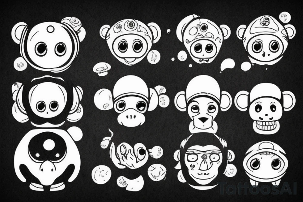 Outline monkey with big glossy eyes and mushroom spore third eye tattoo idea