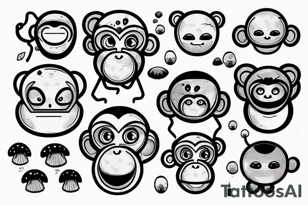 Outline monkey with big glossy eyes and mushroom spore third eye tattoo idea