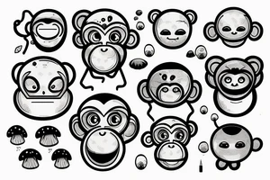 Outline monkey with big glossy eyes and mushroom spore third eye tattoo idea