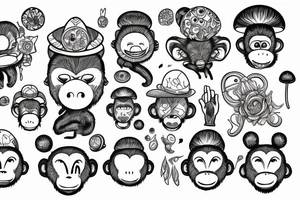 Outline monkey with big glossy eyes and mushroom spore third eye tattoo idea