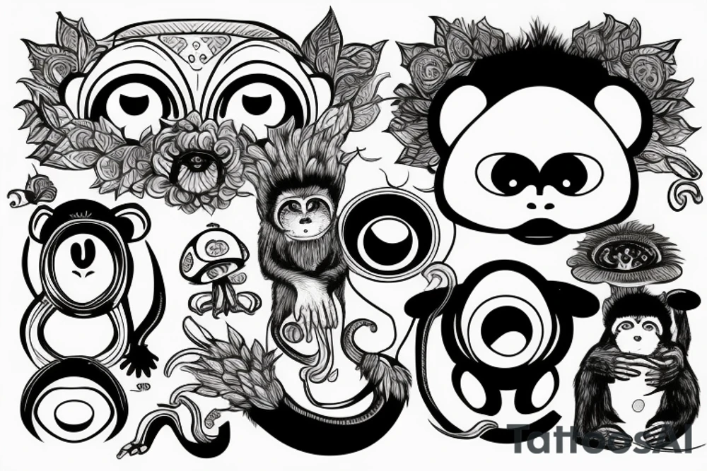 Outline monkey with big glossy eyes and mushroom spore third eye tattoo idea