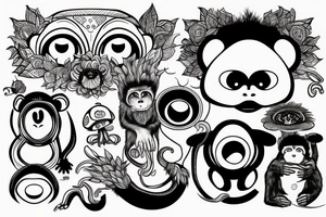 Outline monkey with big glossy eyes and mushroom spore third eye tattoo idea