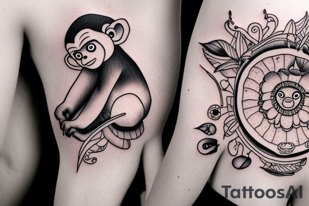 Outline monkey with big glossy eyes and mushroom spore third eye tattoo idea