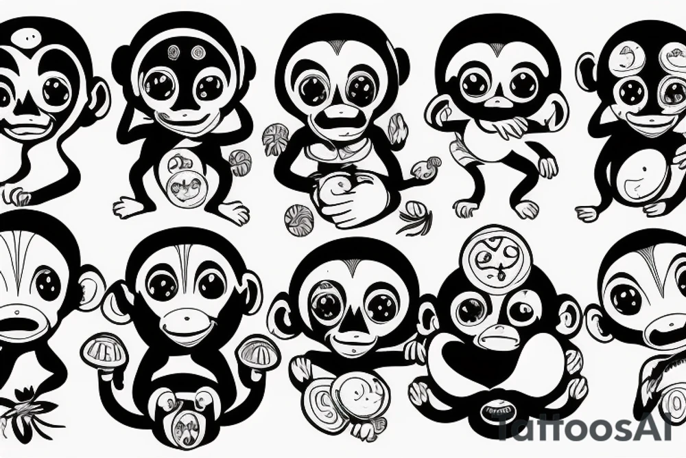 Outline monkey with big glossy eyes and mushroom spore third eye tattoo idea