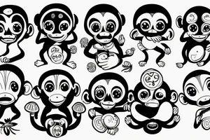 Outline monkey with big glossy eyes and mushroom spore third eye tattoo idea