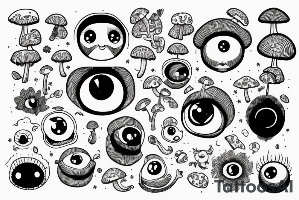 Outline monkey with big glossy eyes and mushroom spore third eye tattoo idea