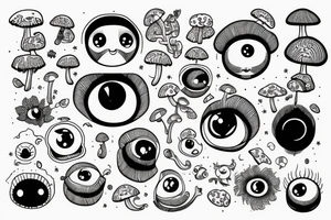 Outline monkey with big glossy eyes and mushroom spore third eye tattoo idea