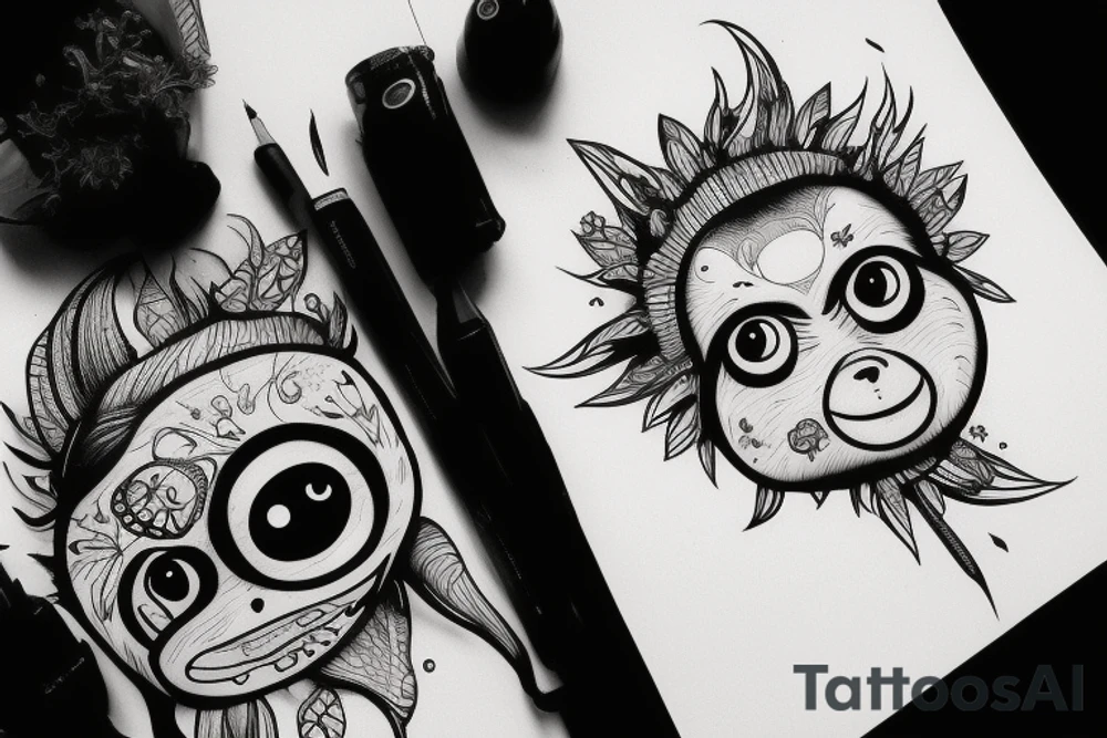 Outline monkey with big glossy eyes and mushroom spore third eye tattoo idea