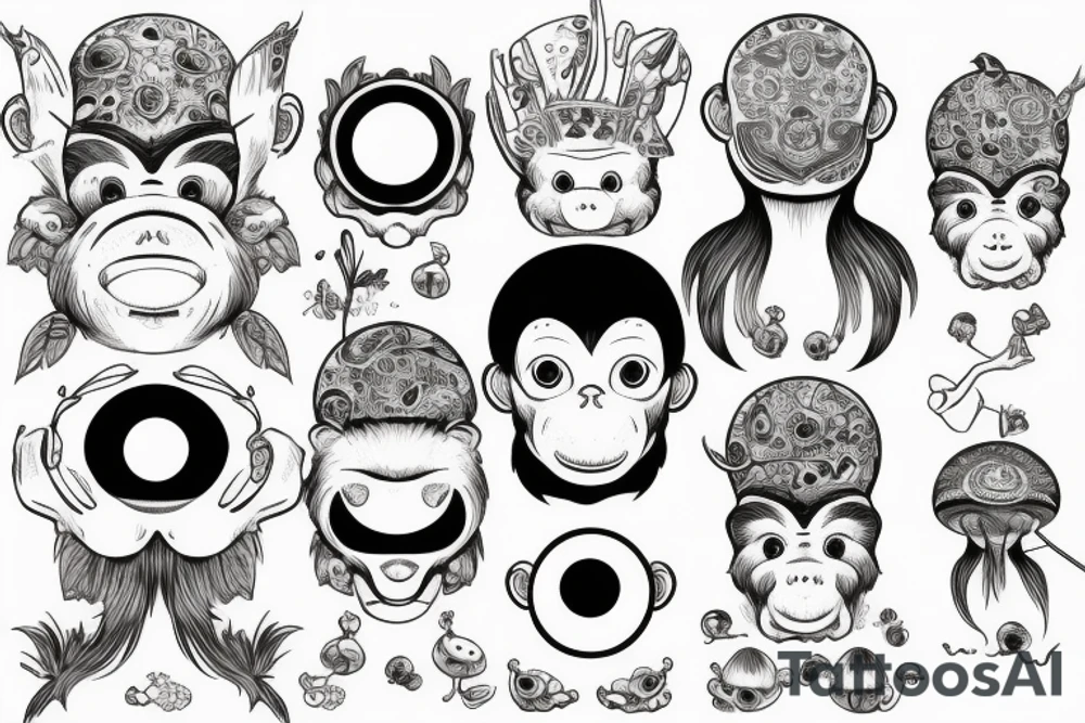 Outline monkey with big glossy eyes and mushroom spore third eye tattoo idea