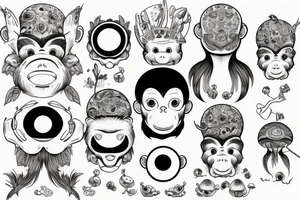 Outline monkey with big glossy eyes and mushroom spore third eye tattoo idea