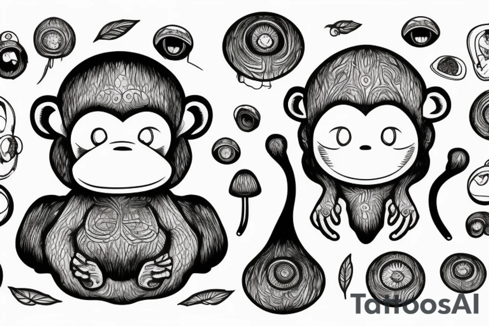 Outline monkey with big glossy eyes and mushroom spore third eye tattoo idea