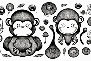 Outline monkey with big glossy eyes and mushroom spore third eye tattoo idea