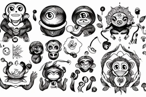 Outline monkey with big glossy eyes and mushroom spore third eye tattoo idea