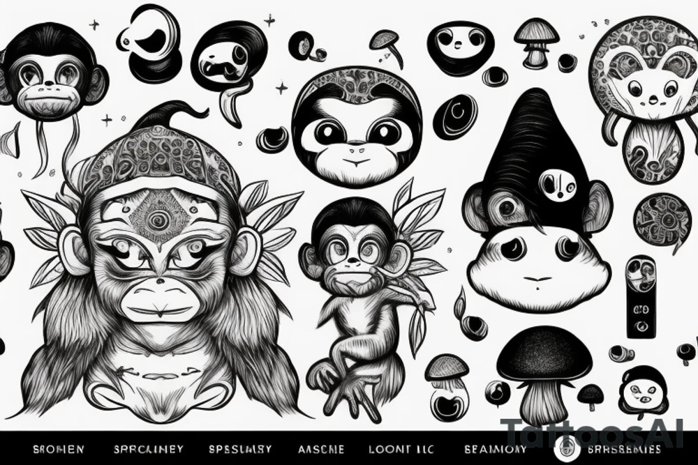 Outline monkey with big glossy eyes and mushroom spore third eye tattoo idea