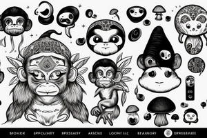 Outline monkey with big glossy eyes and mushroom spore third eye tattoo idea