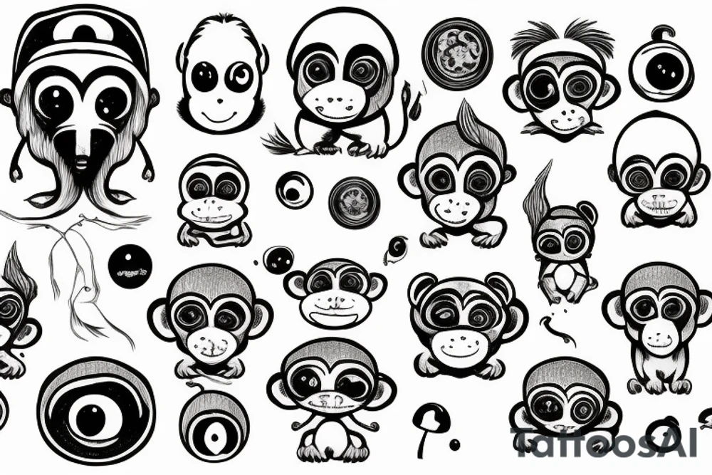 Outline monkey with big glossy eyes and mushroom spore third eye tattoo idea