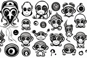 Outline monkey with big glossy eyes and mushroom spore third eye tattoo idea