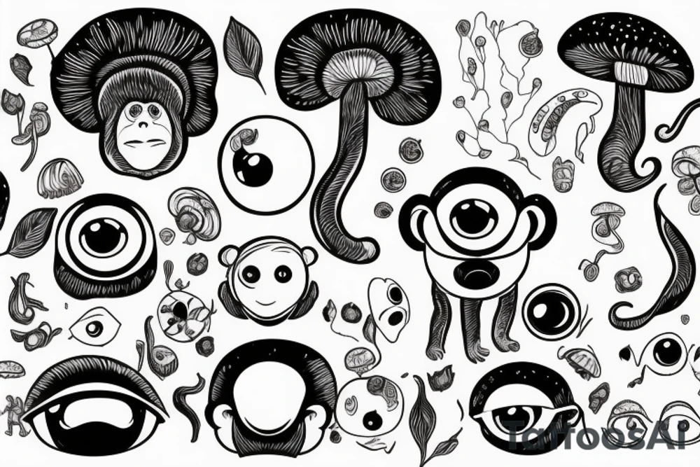 Outline monkey with big glossy eyes and mushroom spore third eye tattoo idea