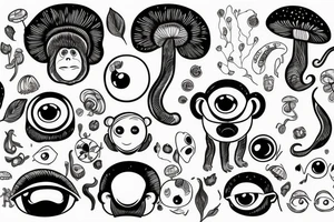 Outline monkey with big glossy eyes and mushroom spore third eye tattoo idea