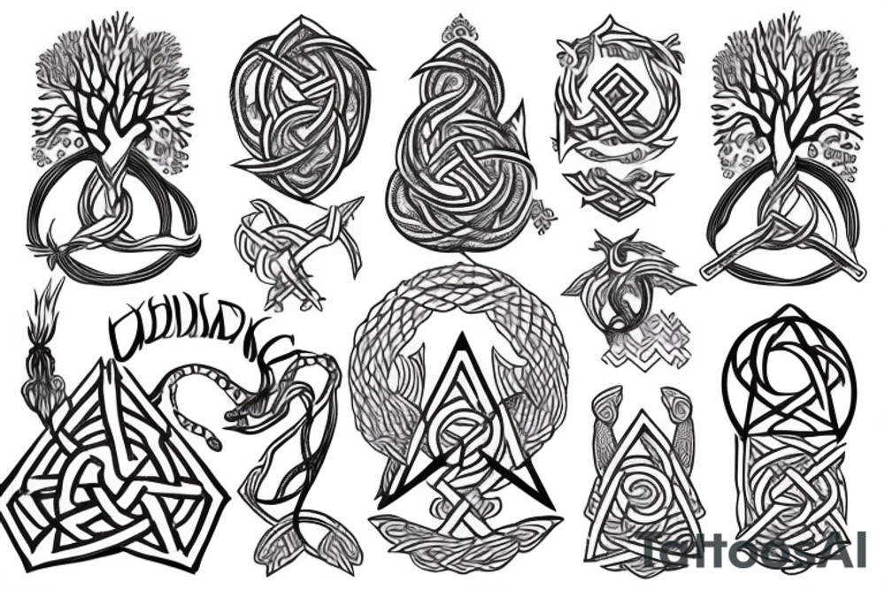 jormungandr encircling yggdrasil tree and valknut tattoo idea