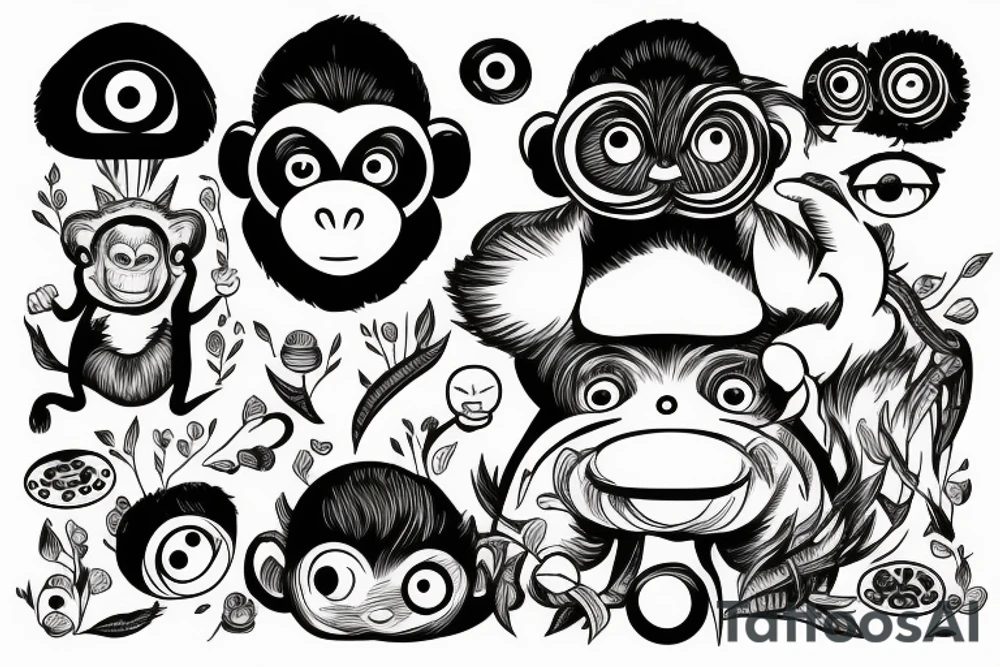 Outline monkey with big glossy eyes and mushroom spore third eye tattoo idea